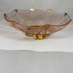 Pink Depression Glass Bowl Nude & Floral Gold Etched Vintage Footed Serving Dish